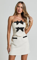 Bettina Two Piece Top and Skirt Set - Strapless Boucle Bow Top and Mini Skirt Set in Cream
