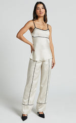 Bobbie Top - Contrast Piping Detail Satin Top in Oyster