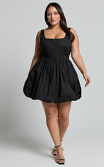 Brianda Mini Dress - Corset Bodice Bubble Hem Dress in Black