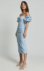 Brielle Midi Dress - Off the Shoulder Short Sleeve Sweetheart Dress in Soft Blue