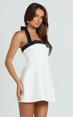 Broome Mini Dress - Contrast Halter Tie Tulip Skirt Dress in White/Black