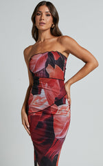 Brunetta Midi Dress - Strapless Mesh Dress in Peach and Black Floral