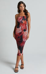 Brunetta Midi Dress - Strapless Mesh Dress in Peach and Black Floral