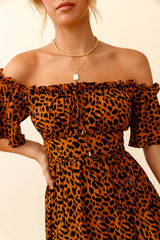 Voyager Off-Shoulder Bell Sleeve Midi Dress Leopard Print Brown