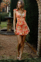 Wildest Dreams V-Neckline Bow Shoulder Dress Tree Print Peach/Yellow