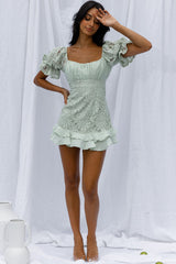 Georgia Peach Puff Sleeve Double Frill Hem Lace Dress Mint