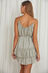 Madeira Drawstring Neckline Frill Mini Dress Avocado