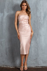 Georgette Strapless Satin Midi Dress Nude