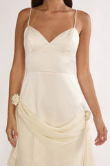 Rivena Rosette Chiffon Drape Maxi Dress Oyster