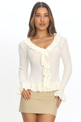 Jaimy Ruffle Trim Knit Cardigan Cream