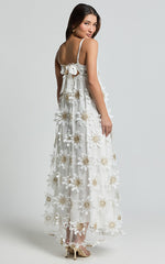 Candice Maxi Dress - Straight Neck Floral Embroidery Detail Shift Dress in White