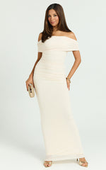 Caterina Maxi - Ruched Off Shoulder Mesh Dress in Off White