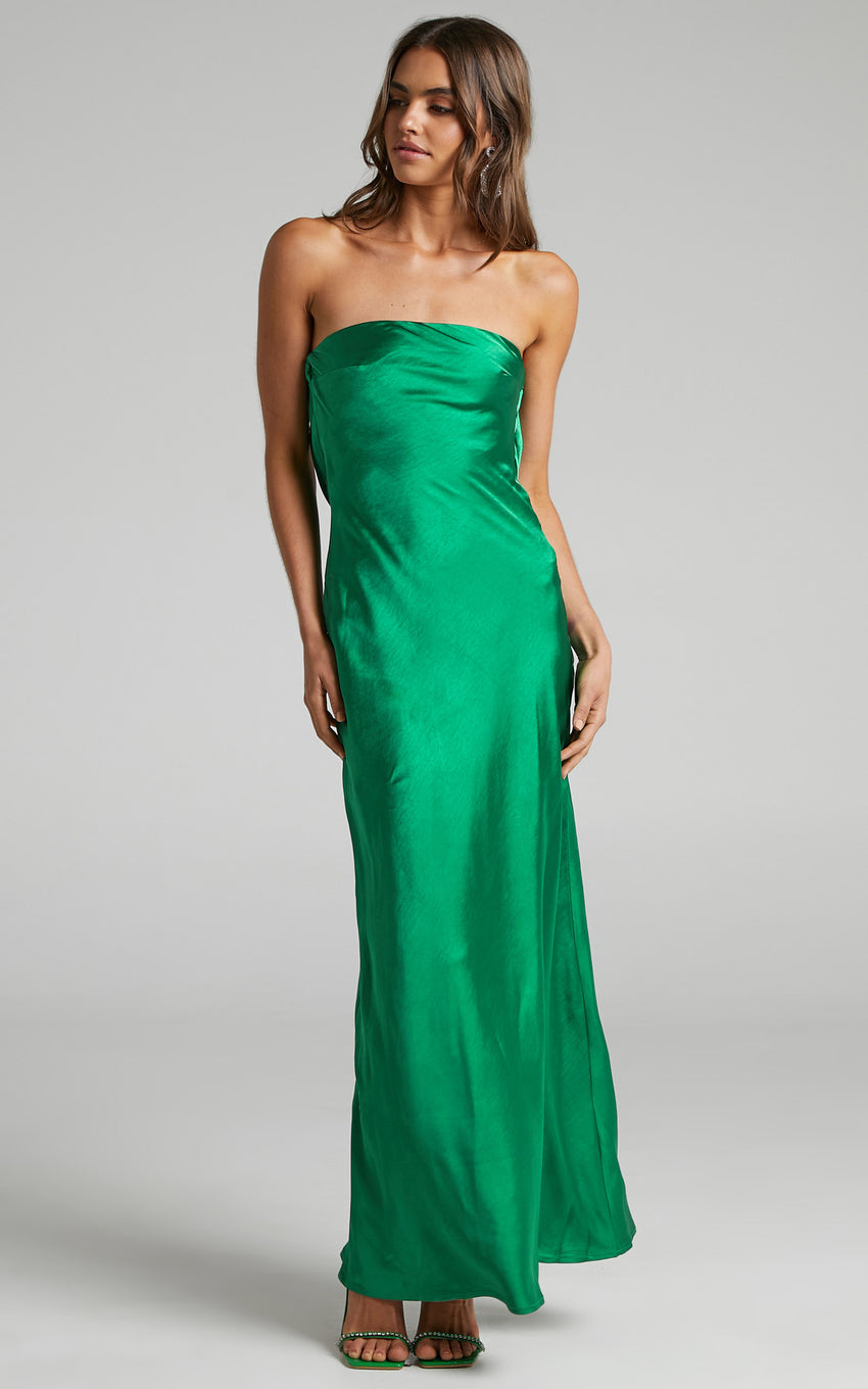 Charlita Maxi Dress - Strapless Cowl Back Satin Dress in Green
