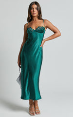 Clare Midi Dress - Sleeveless Wide V Neck Cup Bust Slip Dress in Emerald