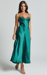 Clare Midi Dress - Sleeveless Wide V Neck Cup Bust Slip Dress in Emerald