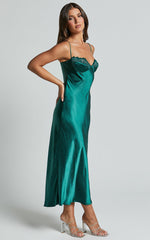 Clare Midi Dress - Sleeveless Wide V Neck Cup Bust Slip Dress in Emerald