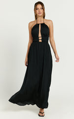 Denisa Midi Dress - Open Back Halter Dress in Black