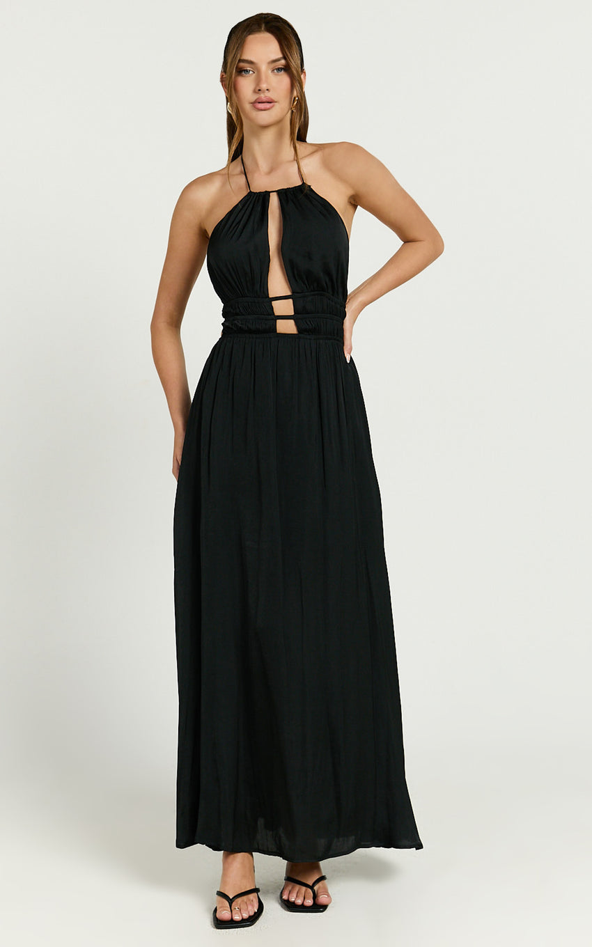 Denisa Midi Dress - Open Back Halter Dress in Black