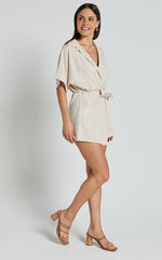Denise Playsuit - Short Sleeve Wrap Skort Playsuit in Biscuit