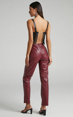 Dilyene Pants - Mid Waist Straight Leg Faux Leather Pants in Wine