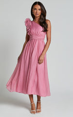 Dorothy Midi Dress - One Shoulder Frill Detail Fit and Flare Dress in Pink