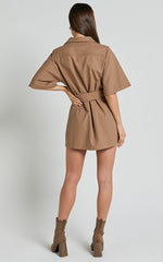 Elena Mini Dress - Wide Sleeve Utility Dress in Mocha