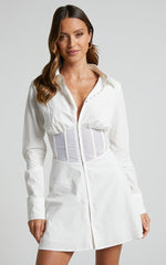 Elenina Mini Dress - Corset Waist Shirt Dress in White