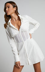Elenina Mini Dress - Corset Waist Shirt Dress in White