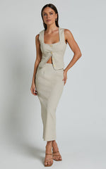 Elias Two Piece Set - Linen Square Neck Vest Top And Column Midi Skirt in Natural
