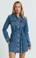 Enriquetta Mini Dress - Cotton Denim Long Sleeve Button Up Dress in Blue