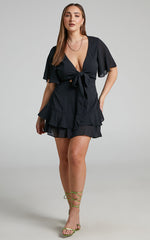 Ezilita Mini Dress - Tie Front Angel Sleeve Tiered Dress in Black