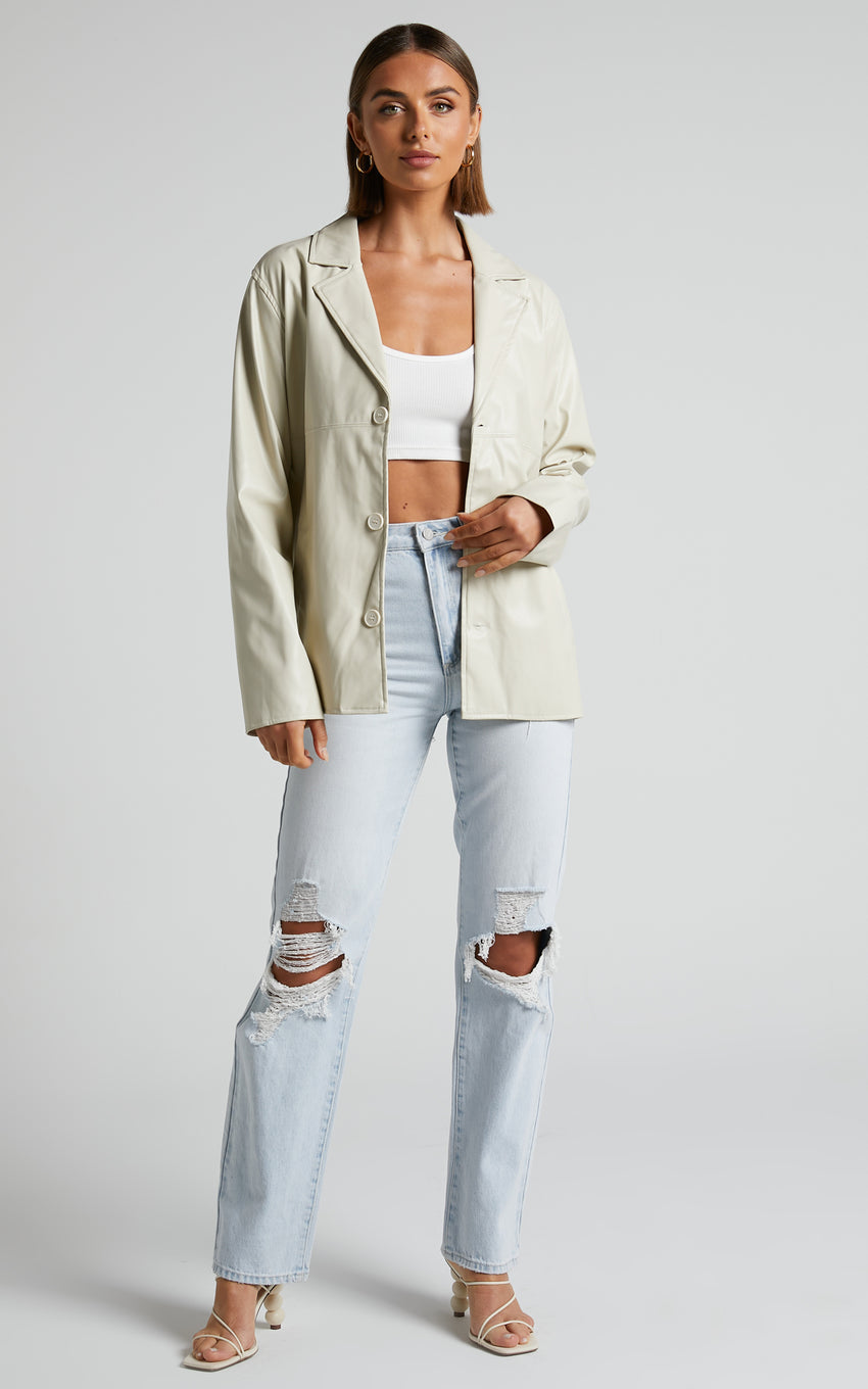 Ferrah Blazer - Faux Leather Oversized Blazer in Ecru