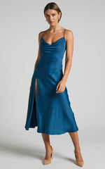 Flordeliza Midi Dress - Cowl Neck Thigh Slit Slip Dress in Steel Blue