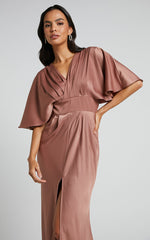 Gemalyn Maxi Dress - Angel Sleeve V Neck Split Dress in Dusty Rose