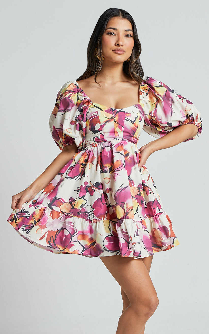 Gretchen Mini Dress - Puff Sleeve Babydoll Dress in Dahlia Dusk Floral