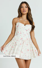 Haley Mini Dress - Tie Sleeve Sweetheart Drop Waist Gathered Skirt Dress in Cream