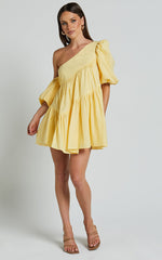 Harleen Mini Dress - Linen Asymmetrical Trim Puff Sleeve Dress in Lemon
