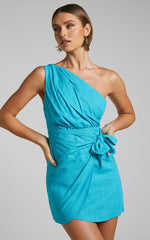 Harper Mini Dress - Linen One Shoulder Gathered Wrap Waist Dress in Blue