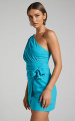 Harper Mini Dress - Linen One Shoulder Gathered Wrap Waist Dress in Blue
