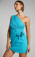 Harper Mini Dress - Linen One Shoulder Gathered Wrap Waist Dress in Blue