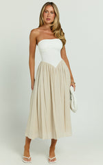 Helen Midi Dress - Drop Waist Strapless Dress in White & Beige