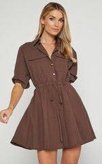 Holly Utility Tie Waist Mini Dress in Chocolate