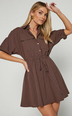 Holly Utility Tie Waist Mini Dress in Chocolate