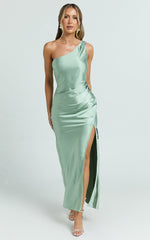 Isla Maxi Dress - Satin One Shoulder Side Split Dress in Sage
