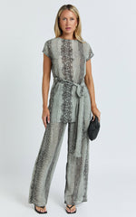 Janette Two Piece Set - Wrap Waist Longline Top and Wide Leg Pant Set in Snake
