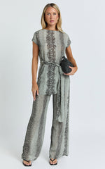 Janette Two Piece Set - Wrap Waist Longline Top and Wide Leg Pant Set in Snake