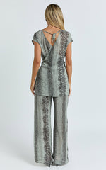 Janette Two Piece Set - Wrap Waist Longline Top and Wide Leg Pant Set in Snake