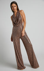 Julien Jumpsuit - Backless Wide Leg Cowl Neck Sequin Jumpsuit in Bronze