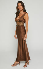 Juliet Midi Dress - V Neck Lace Insert Satin Slip Dress in Chocolate
