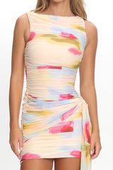 Luli Boat Neck Sash Mini Dress Floral
